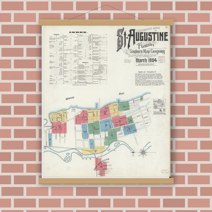 Old map wall art mockup — magnetic wood frame on brick wall — Sanborn Fire Insurance Map from Saint Augustine, Saint John's County, Florida (1904), Sheet #0001