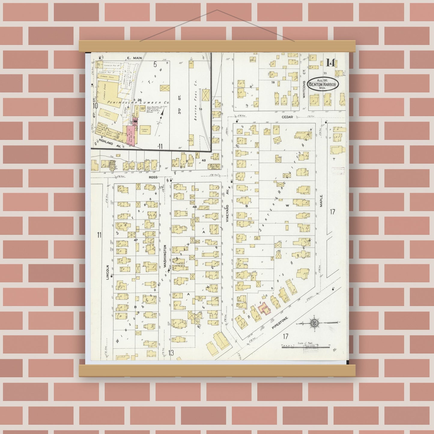 Old map wall art mockup — magnetic wood frame on brick wall — Sanborn Fire Insurance Map from Benton Harbor, Berrien County, Michigan (1911), Sheet #0014