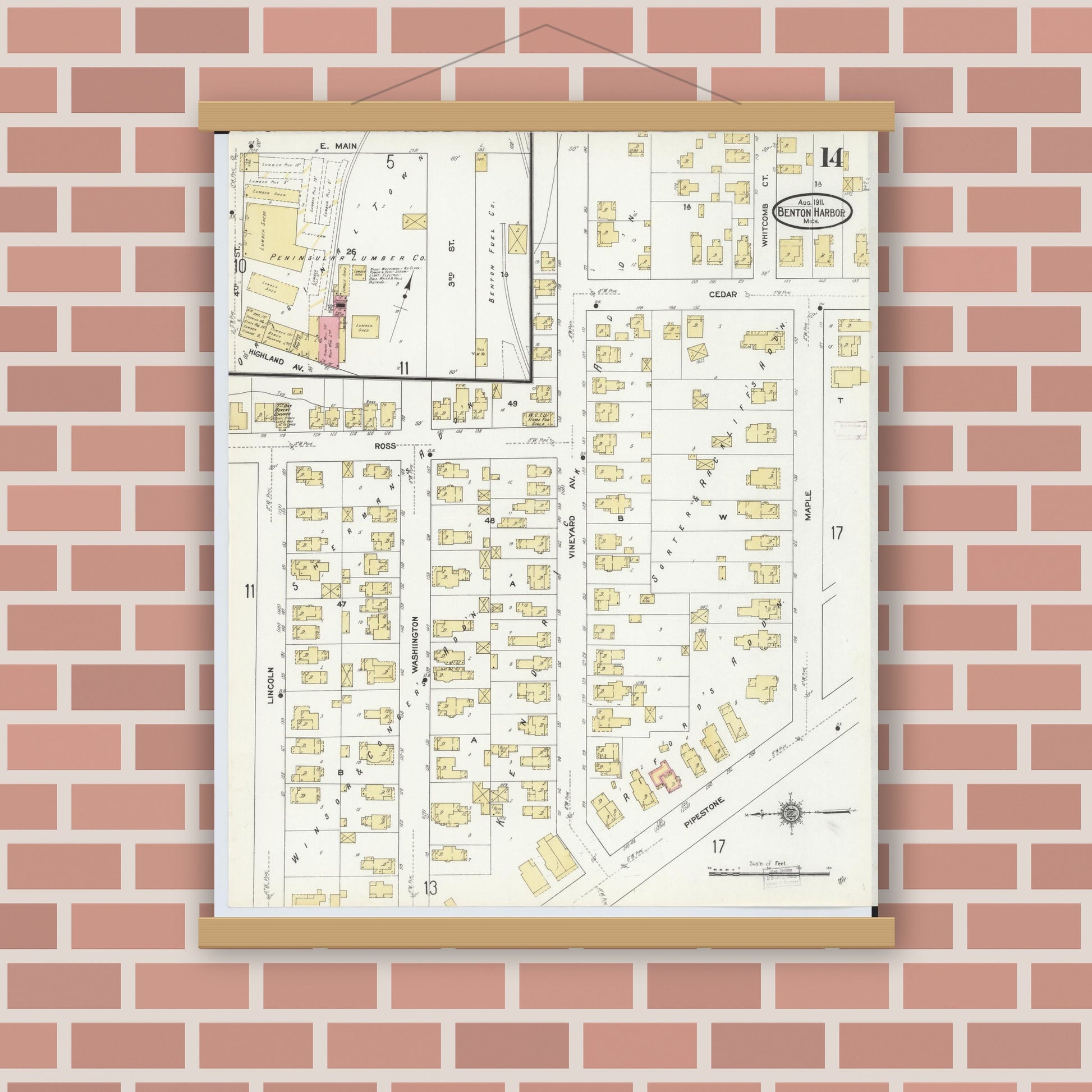 Old map wall art mockup — magnetic wood frame on brick wall — Sanborn Fire Insurance Map from Benton Harbor, Berrien County, Michigan (1911), Sheet #0014
