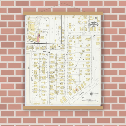 Old map wall art mockup — magnetic wood frame on brick wall — Sanborn Fire Insurance Map from Benton Harbor, Berrien County, Michigan (1911), Sheet #0014