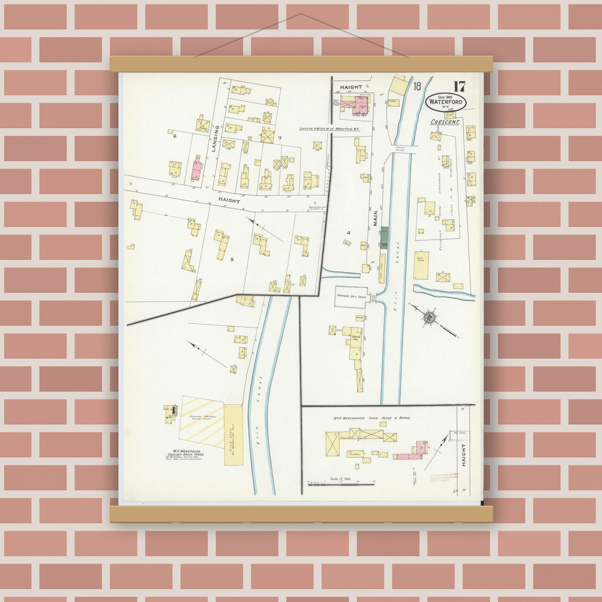 Old map wall art mockup — magnetic wood frame on brick wall — Sanborn Fire Insurance Map from Waterford, Saratoga County, New York (1909), Sheet #0017
