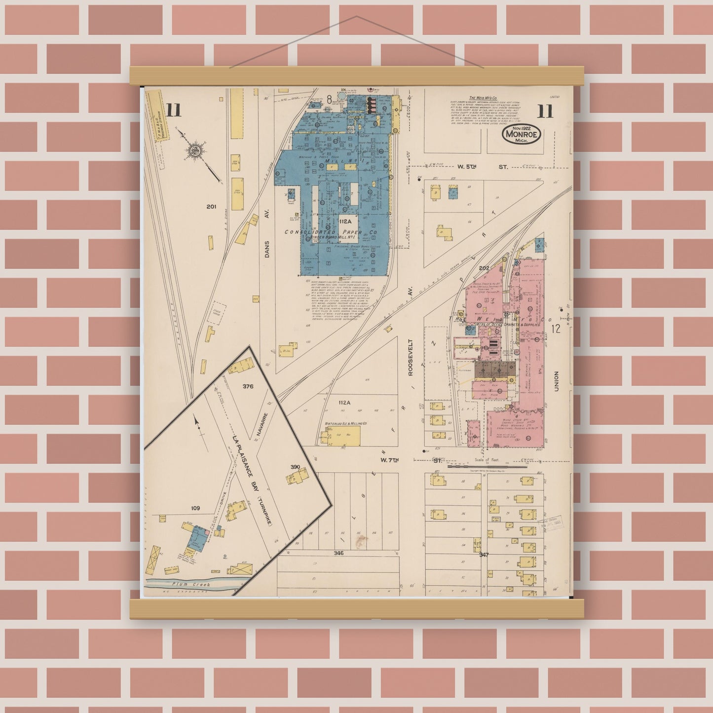 Old map wall art mockup — magnetic wood frame on brick wall — Sanborn Fire Insurance Map from Monroe, Monroe County, Michigan (1922), Sheet #0011