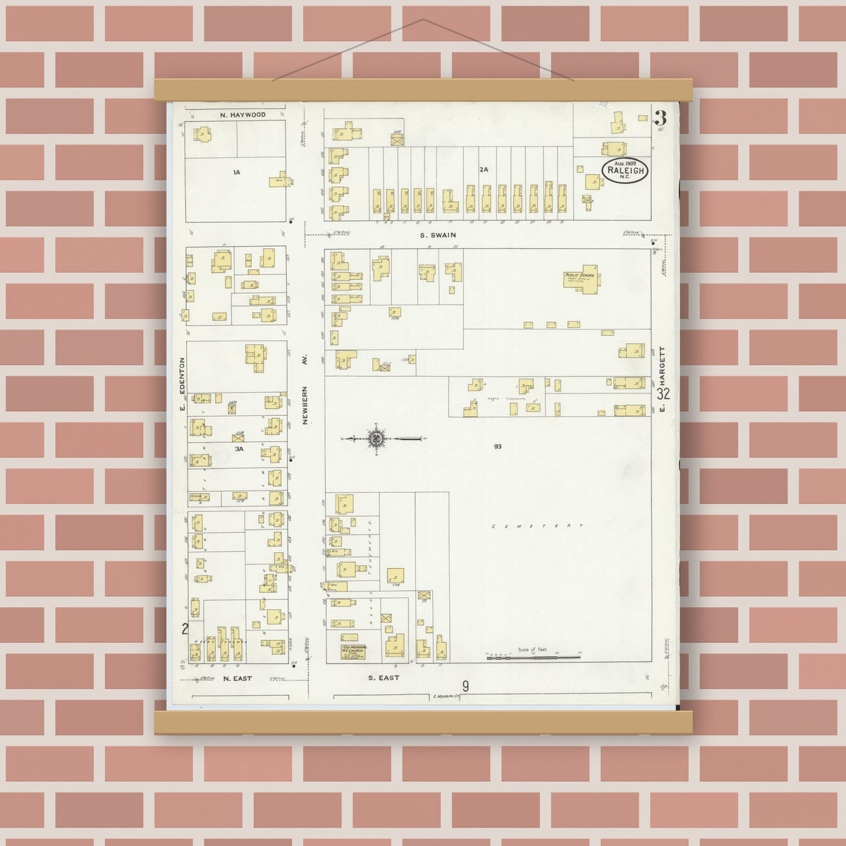 Old map wall art mockup — magnetic wood frame on brick wall — Sanborn Fire Insurance Map from Raleigh, Wake County, North Carolina (1909), Sheet #0003