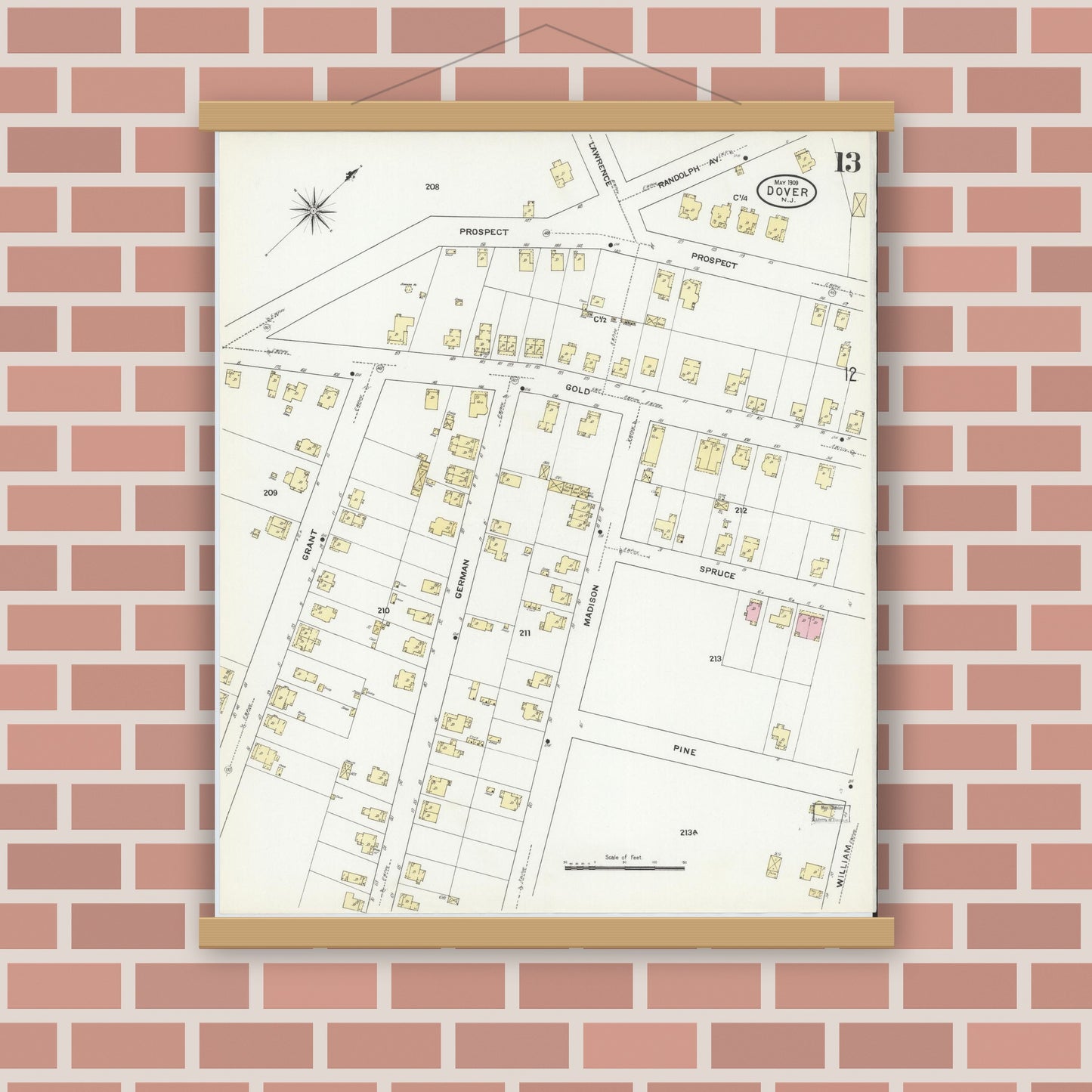 Old map wall art mockup — magnetic wood frame on brick wall — Sanborn Fire Insurance Map from Dover, Morris County, New Jersey (1909), Sheet #0013