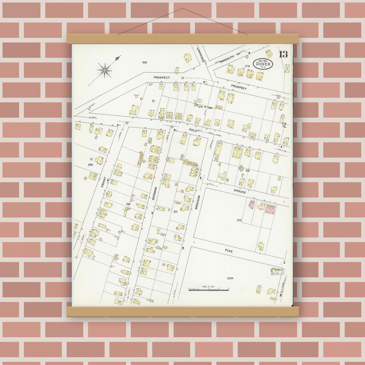 Old map wall art mockup — magnetic wood frame on brick wall — Sanborn Fire Insurance Map from Dover, Morris County, New Jersey (1909), Sheet #0013