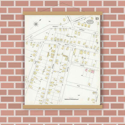 Old map wall art mockup — magnetic wood frame on brick wall — Sanborn Fire Insurance Map from Dover, Morris County, New Jersey (1909), Sheet #0013