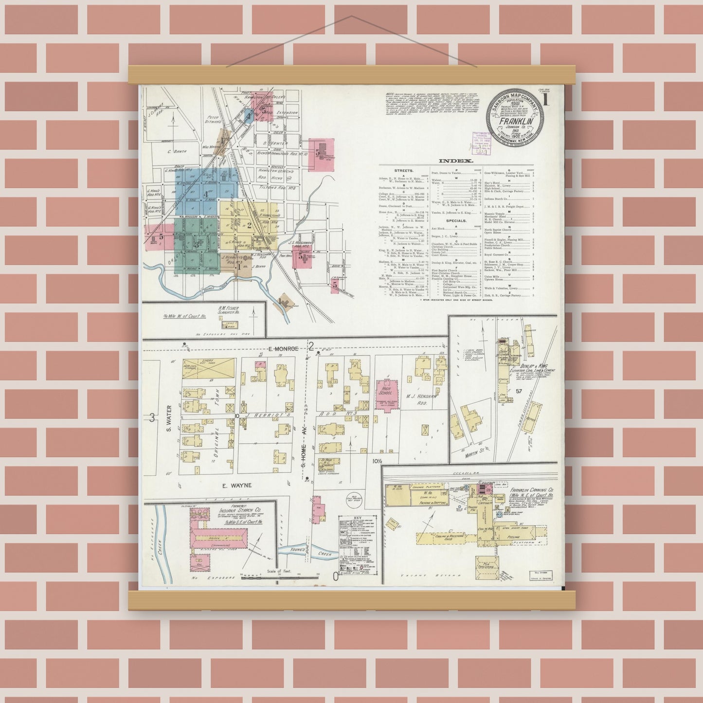 Old map wall art mockup — magnetic wood frame on brick wall — Sanborn Fire Insurance Map from Franklin, Johnson County, Indiana (1902) - Complete Map Set