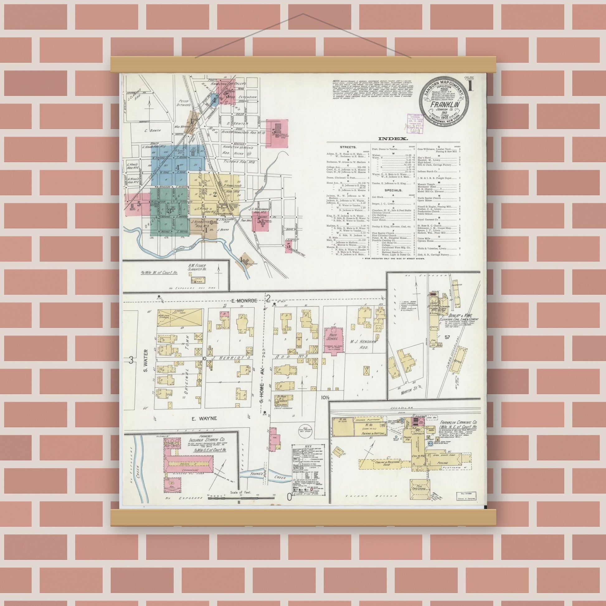 Old map wall art mockup — magnetic wood frame on brick wall — Sanborn Fire Insurance Map from Franklin, Johnson County, Indiana (1902) - Complete Map Set