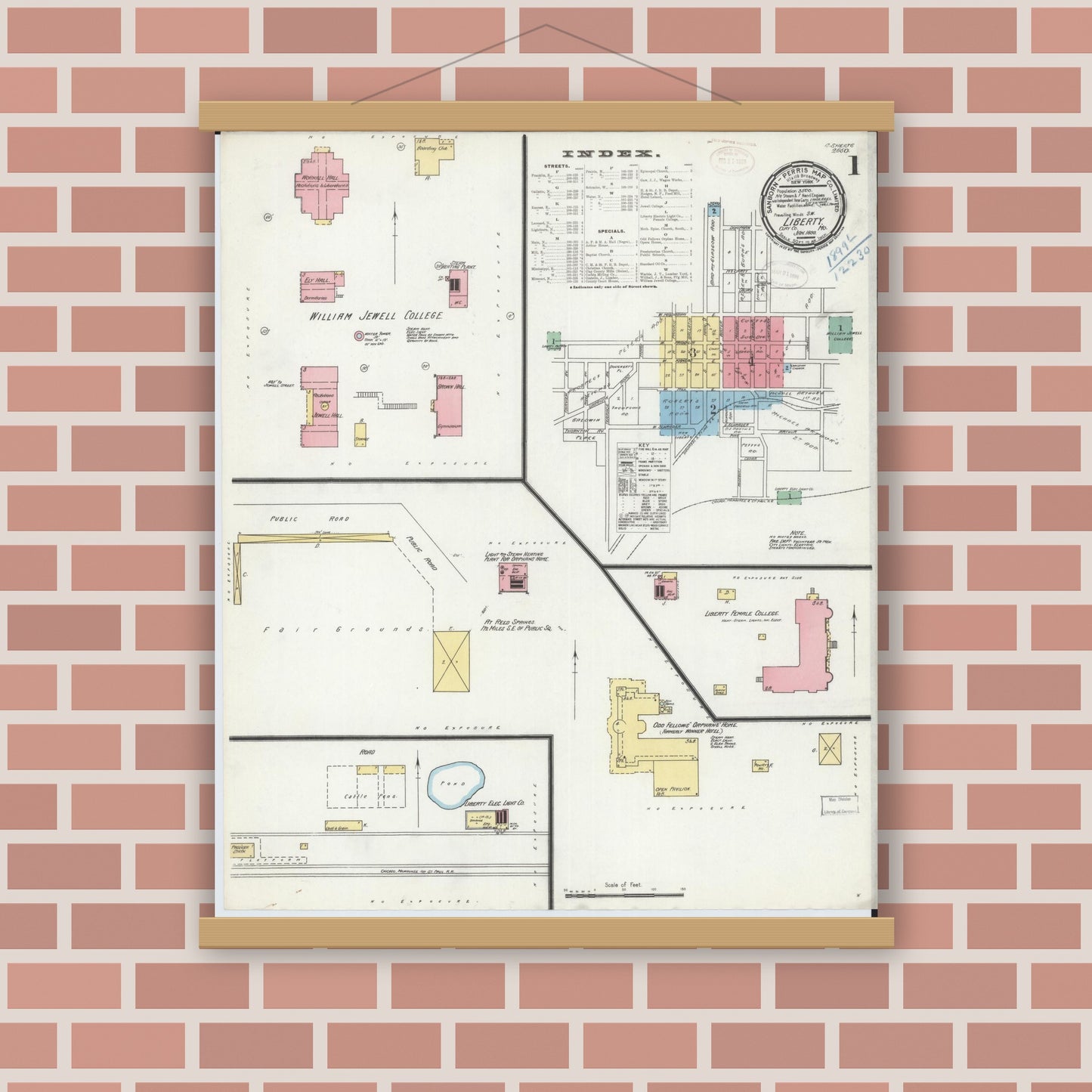 Old map wall art mockup — magnetic wood frame on brick wall — Sanborn Fire Insurance Map from Liberty, Clay County, Missouri (1899) - Complete Map Set