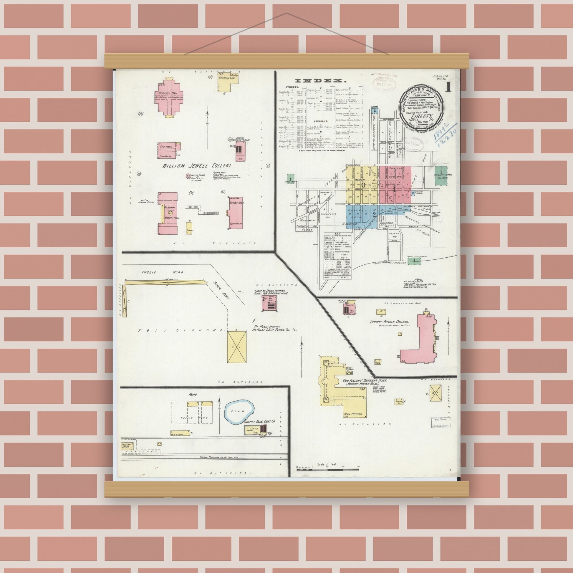 Old map wall art mockup — magnetic wood frame on brick wall — Sanborn Fire Insurance Map from Liberty, Clay County, Missouri (1899) - Complete Map Set