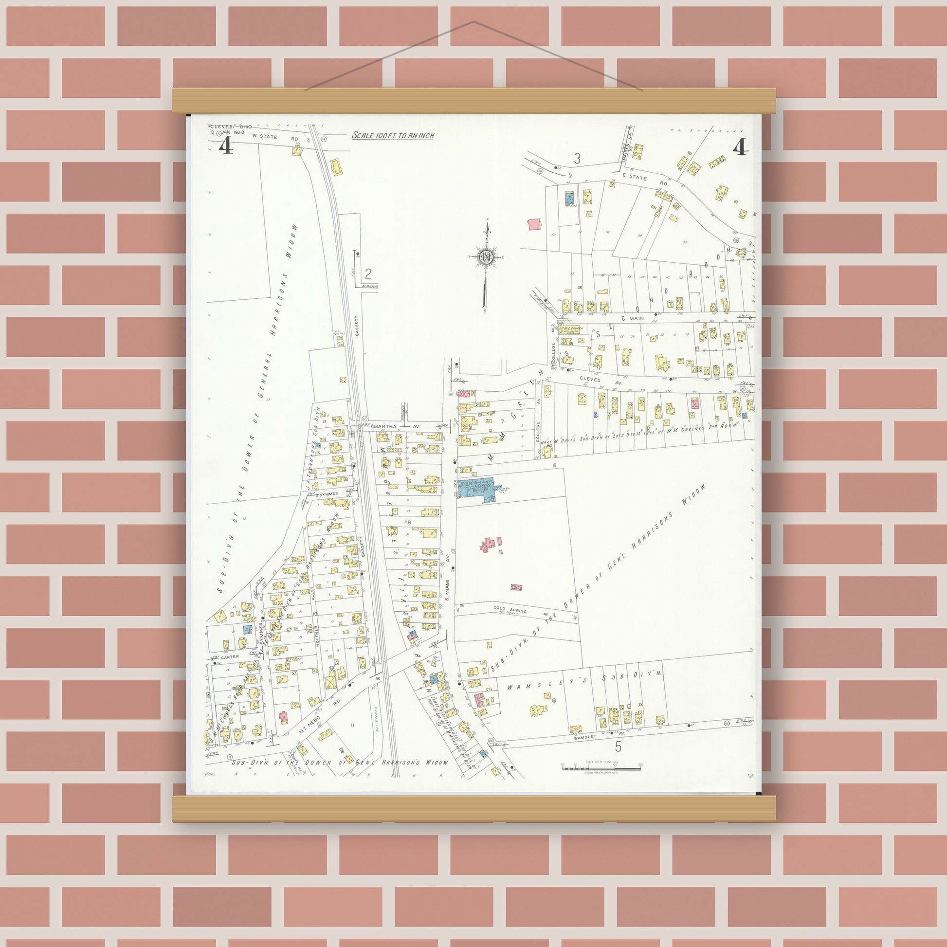 Old map wall art mockup — magnetic wood frame on brick wall — Sanborn Fire Insurance Map from Cleves, Hamilton County, Ohio (1938), Sheet #0004