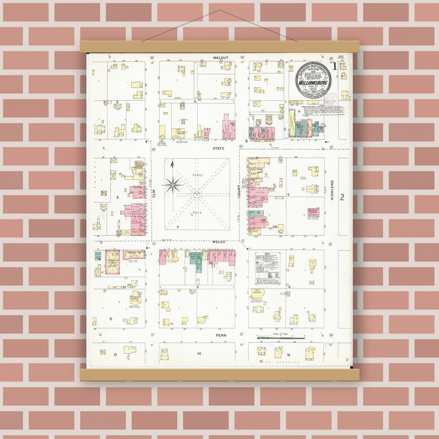 Old map wall art mockup — magnetic wood frame on brick wall — Sanborn Fire Insurance Map from Williamsburg, Iowa County, Iowa (1906) â€” Complete Set