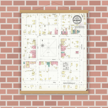 Old map wall art mockup — magnetic wood frame on brick wall — Sanborn Fire Insurance Map from Williamsburg, Iowa County, Iowa (1906) â€” Complete Set