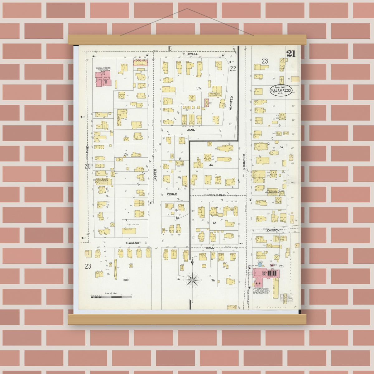 Old map wall art mockup — magnetic wood frame on brick wall — Sanborn Fire Insurance Map from Kalamazoo, Kalamazoo County, Michigan (1902), Sheet #0021