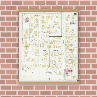 Old map wall art mockup — magnetic wood frame on brick wall — Sanborn Fire Insurance Map from Kalamazoo, Kalamazoo County, Michigan (1902), Sheet #0021