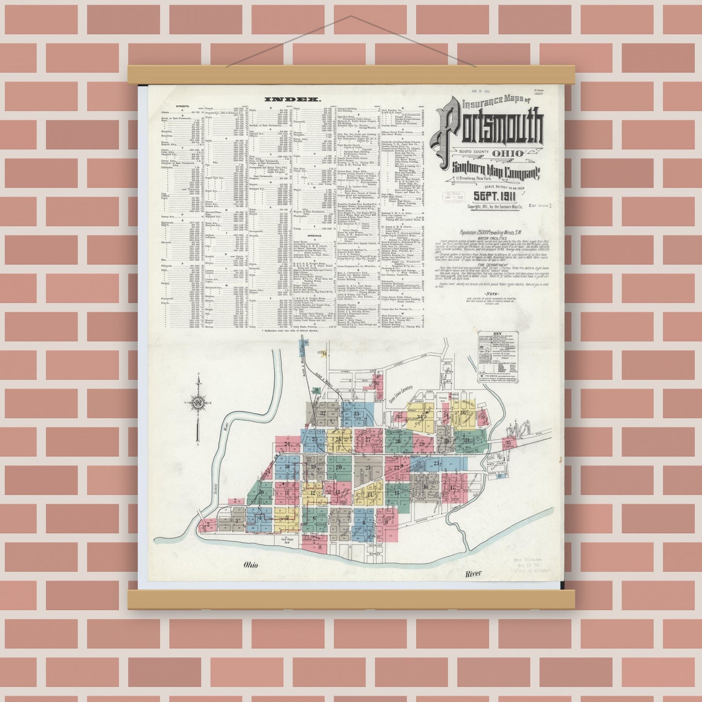 Old map wall art mockup — magnetic wood frame on brick wall — Sanborn Fire Insurance Map from Portsmouth, Scioto County, Ohio (1911) - Complete Map Set