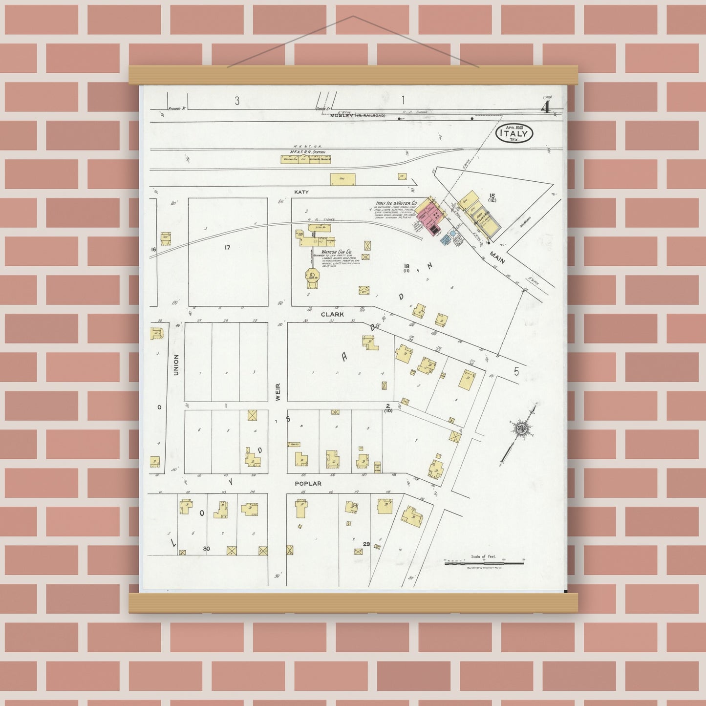 Old map wall art mockup — magnetic wood frame on brick wall — Sanborn Fire Insurance Map from Italy, Ellis County, Texas (1921), Sheet #0004