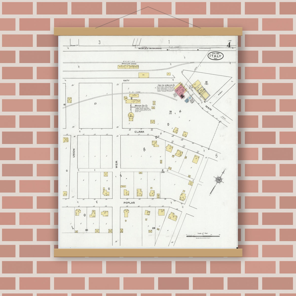 Old map wall art mockup — magnetic wood frame on brick wall — Sanborn Fire Insurance Map from Italy, Ellis County, Texas (1921), Sheet #0004