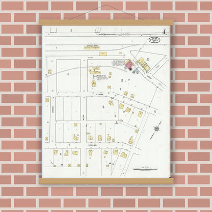 Old map wall art mockup — magnetic wood frame on brick wall — Sanborn Fire Insurance Map from Italy, Ellis County, Texas (1921), Sheet #0004