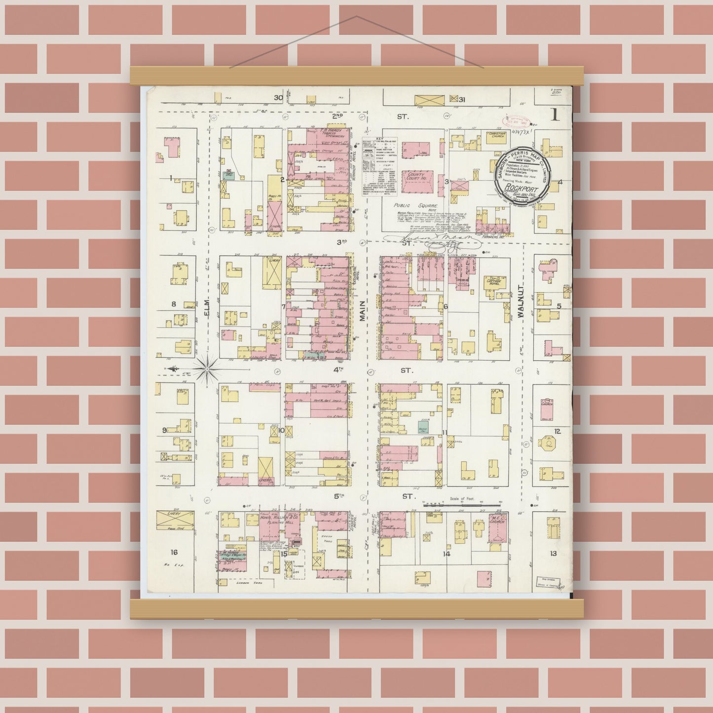 Old map wall art mockup — magnetic wood frame on brick wall — Sanborn Fire Insurance Map from Rockport, Spencer County, Indiana (1892) - Complete Map Set