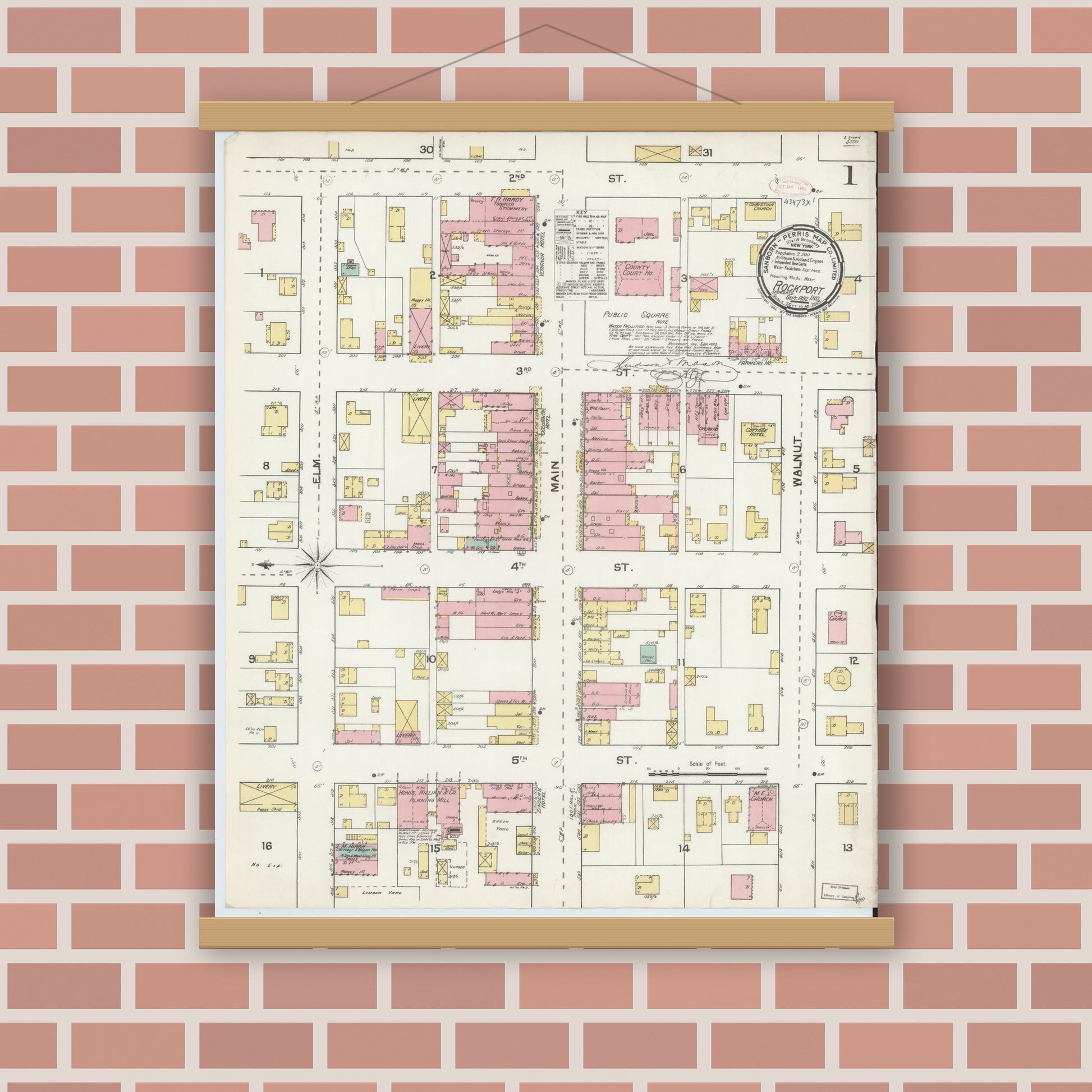 Old map wall art mockup — magnetic wood frame on brick wall — Sanborn Fire Insurance Map from Rockport, Spencer County, Indiana (1892) - Complete Map Set
