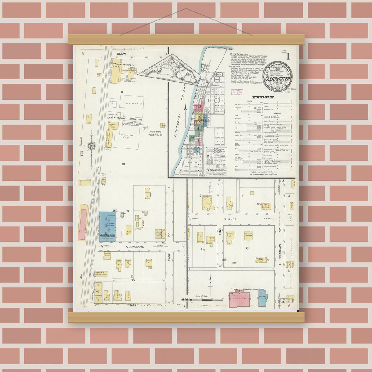 Old map wall art mockup — magnetic wood frame on brick wall — Sanborn Fire Insurance Map from Clearwater, Pinellas County, Florida (1913), Sheet #0001