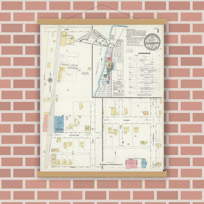 Old map wall art mockup — magnetic wood frame on brick wall — Sanborn Fire Insurance Map from Clearwater, Pinellas County, Florida (1913), Sheet #0001
