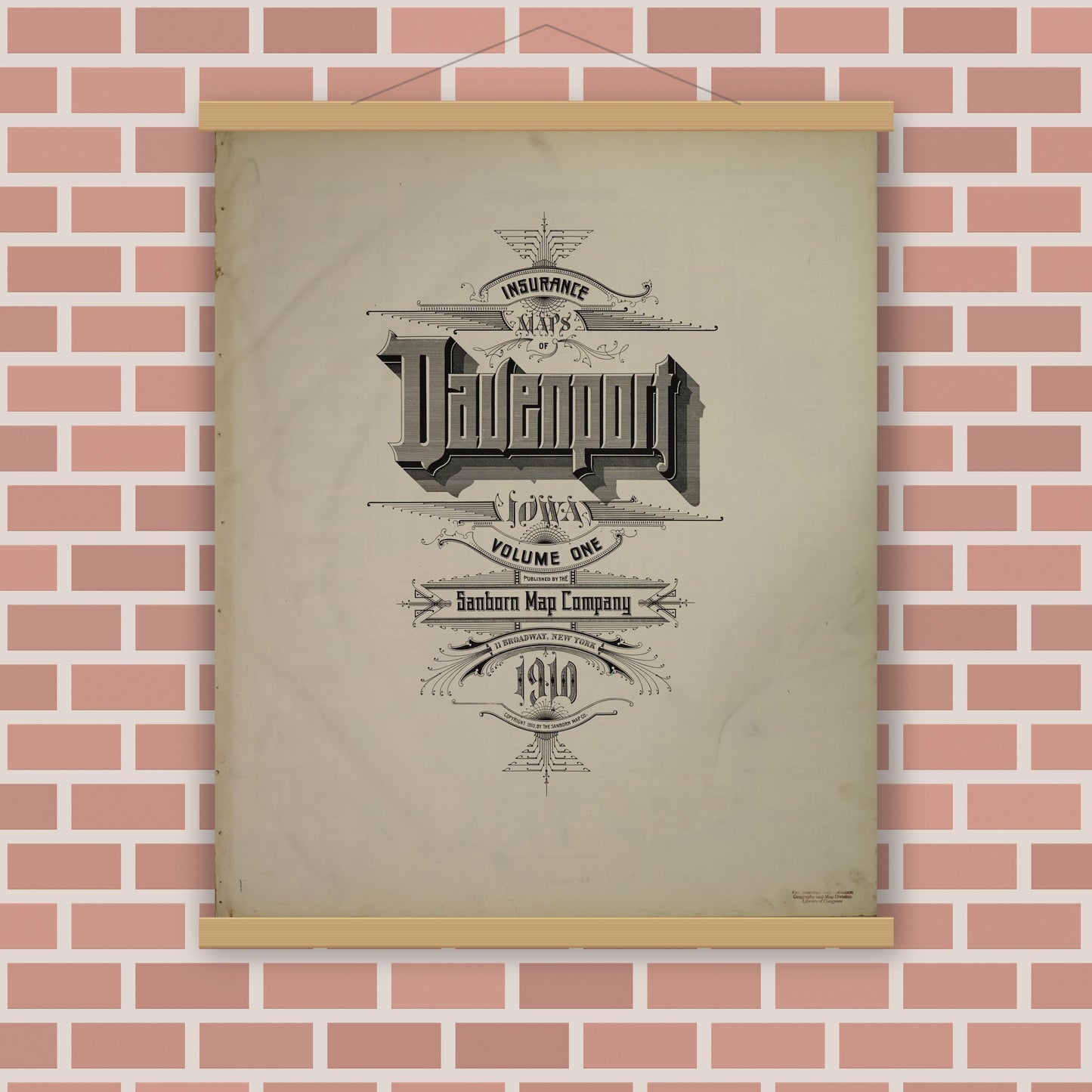 Old map wall art mockup — magnetic wood frame on brick wall — Sanborn Fire Insurance Map from Davenport, Scott County, Iowa (1910), Sheet #0001