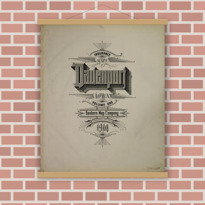 Old map wall art mockup — magnetic wood frame on brick wall — Sanborn Fire Insurance Map from Davenport, Scott County, Iowa (1910), Sheet #0001