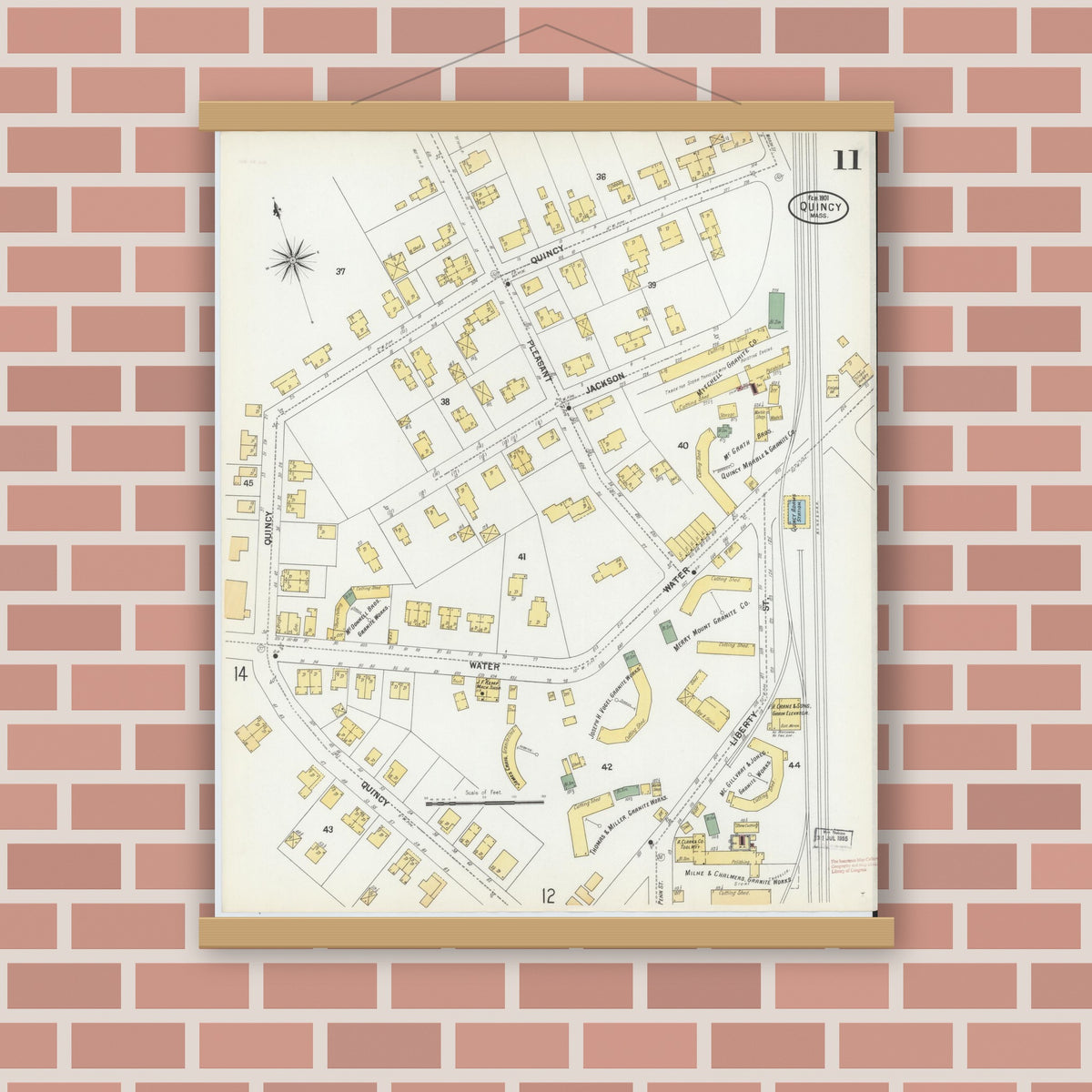 Old map wall art mockup — magnetic wood frame on brick wall — Sanborn Fire Insurance Map from Quincy, Norfolk County, Massachusetts (1901), Sheet #0011