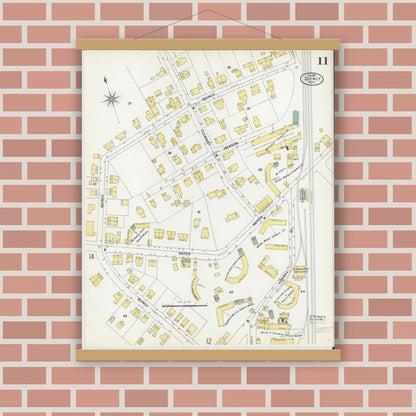 Old map wall art mockup — magnetic wood frame on brick wall — Sanborn Fire Insurance Map from Quincy, Norfolk County, Massachusetts (1901), Sheet #0011