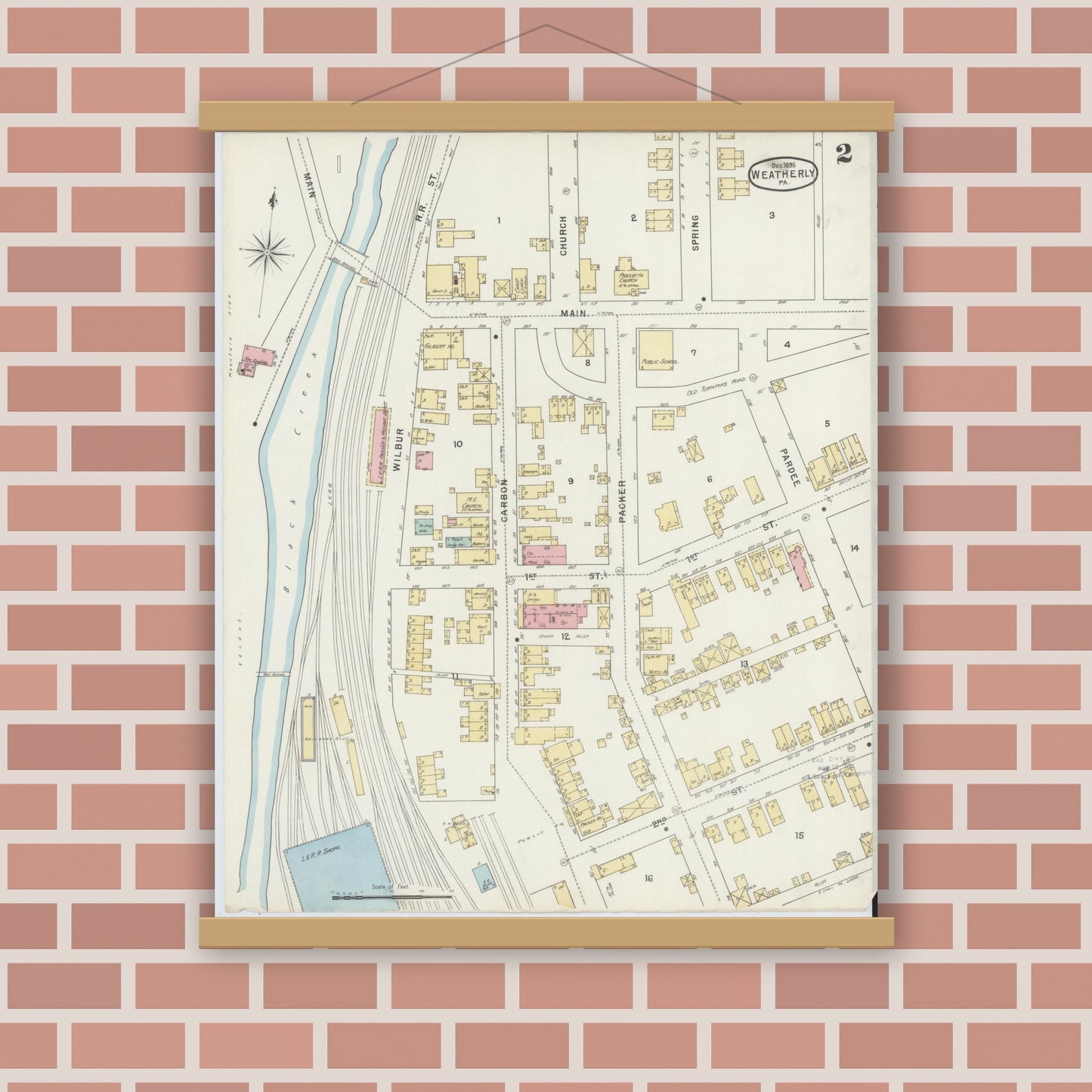 Old map wall art mockup — magnetic wood frame on brick wall — Sanborn Fire Insurance Map from Weatherly, Carbon County, Pennsylvania (1895), Sheet #0002