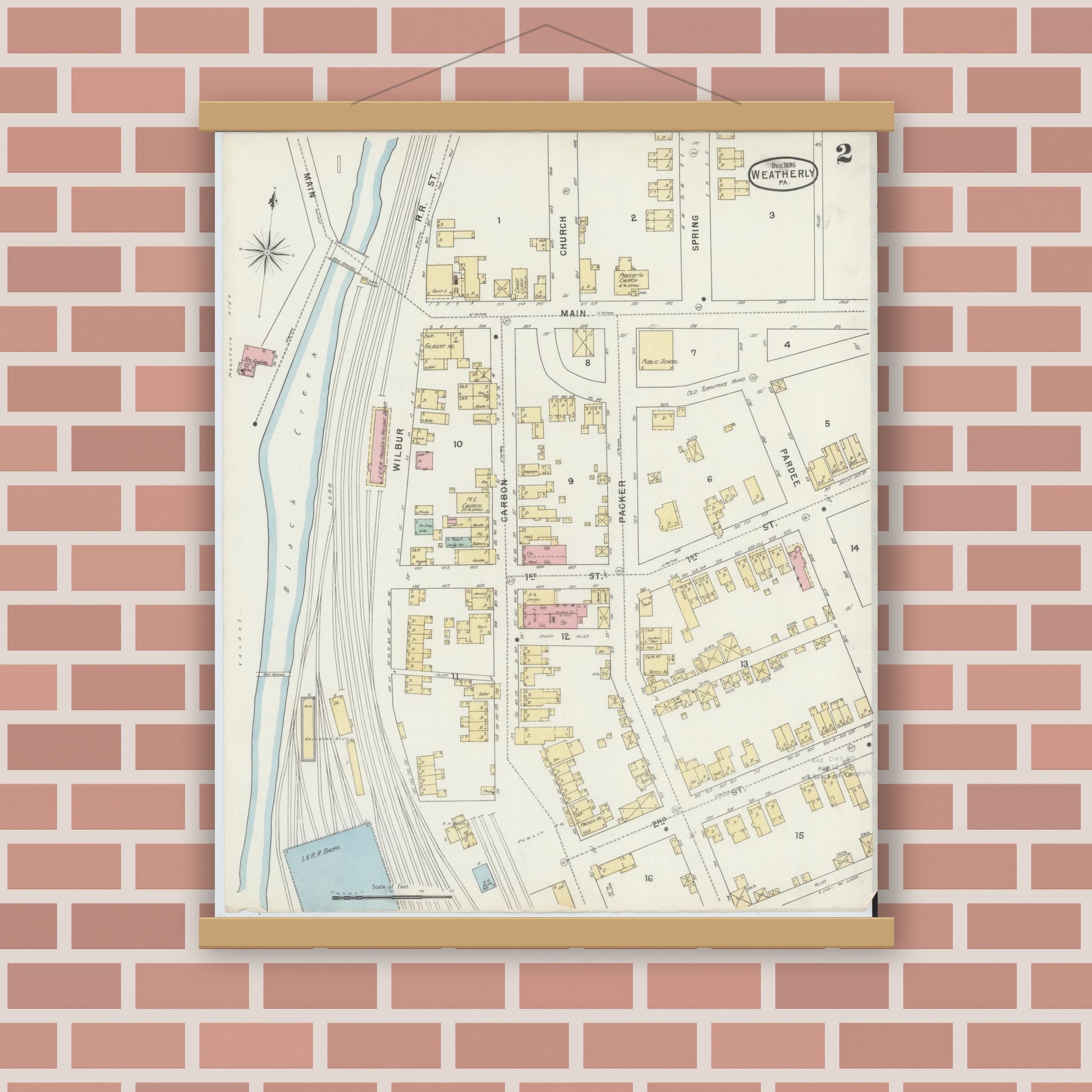 Old map wall art mockup — magnetic wood frame on brick wall — Sanborn Fire Insurance Map from Weatherly, Carbon County, Pennsylvania (1895), Sheet #0002