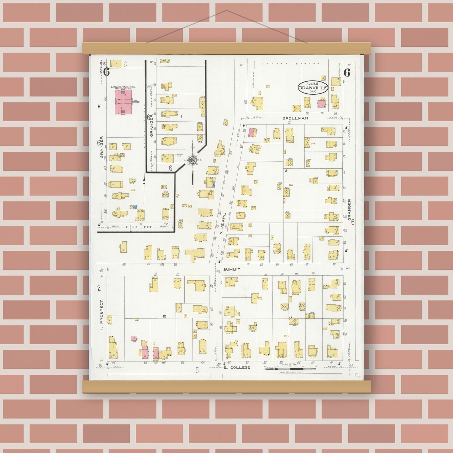 Old map wall art mockup — magnetic wood frame on brick wall — Sanborn Fire Insurance Map from Granville, Licking County, Ohio (1926), Sheet #0006