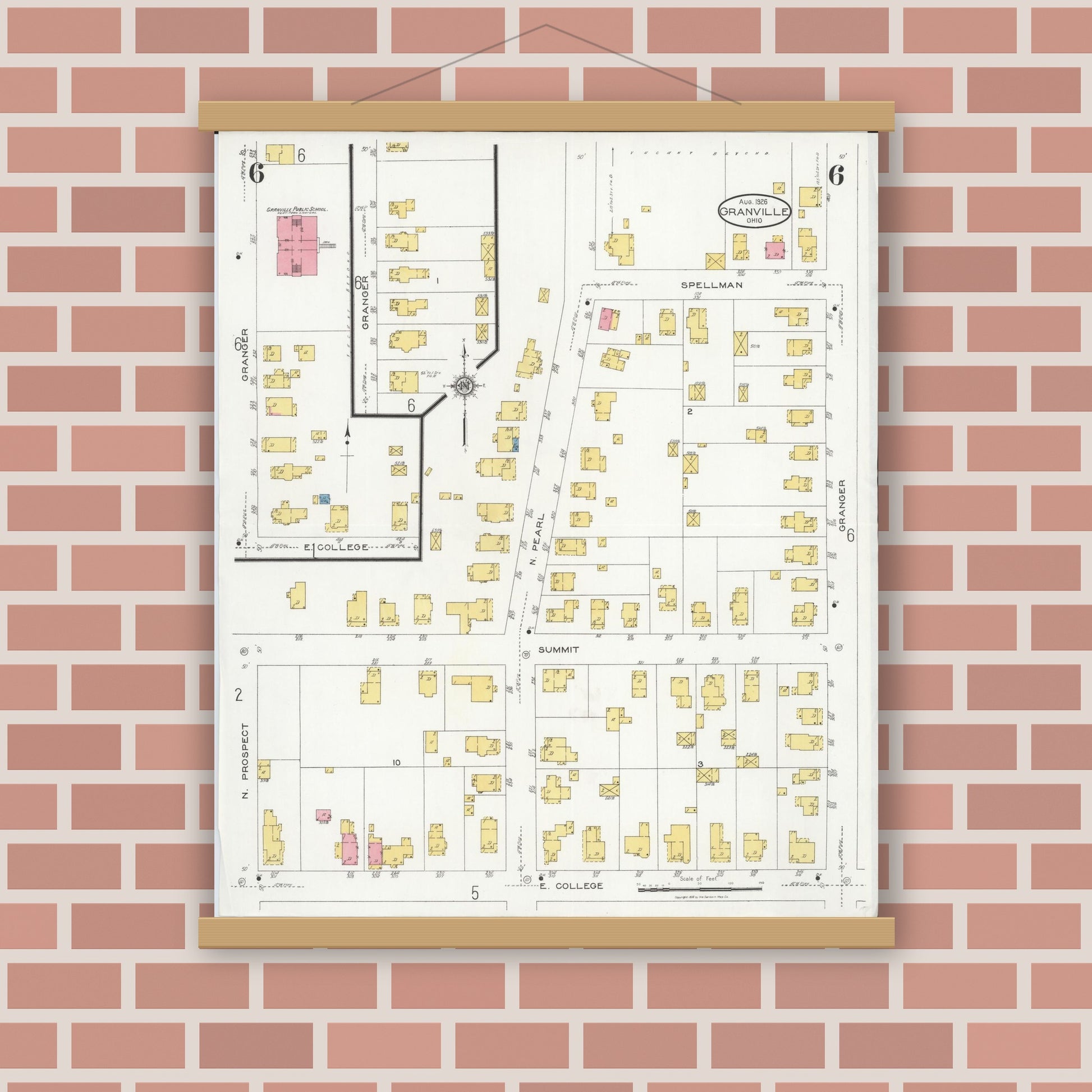 Old map wall art mockup — magnetic wood frame on brick wall — Sanborn Fire Insurance Map from Granville, Licking County, Ohio (1926), Sheet #0006