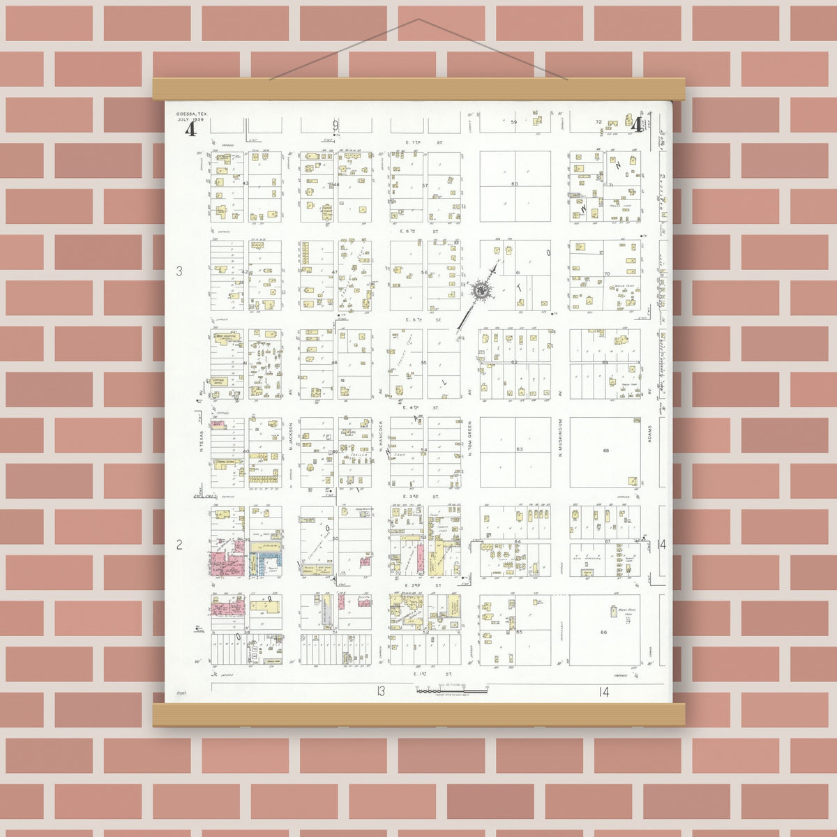 Old map wall art mockup — magnetic wood frame on brick wall — Sanborn Fire Insurance Map from Odessa, Edger County, Texas (1939), Sheet #0004