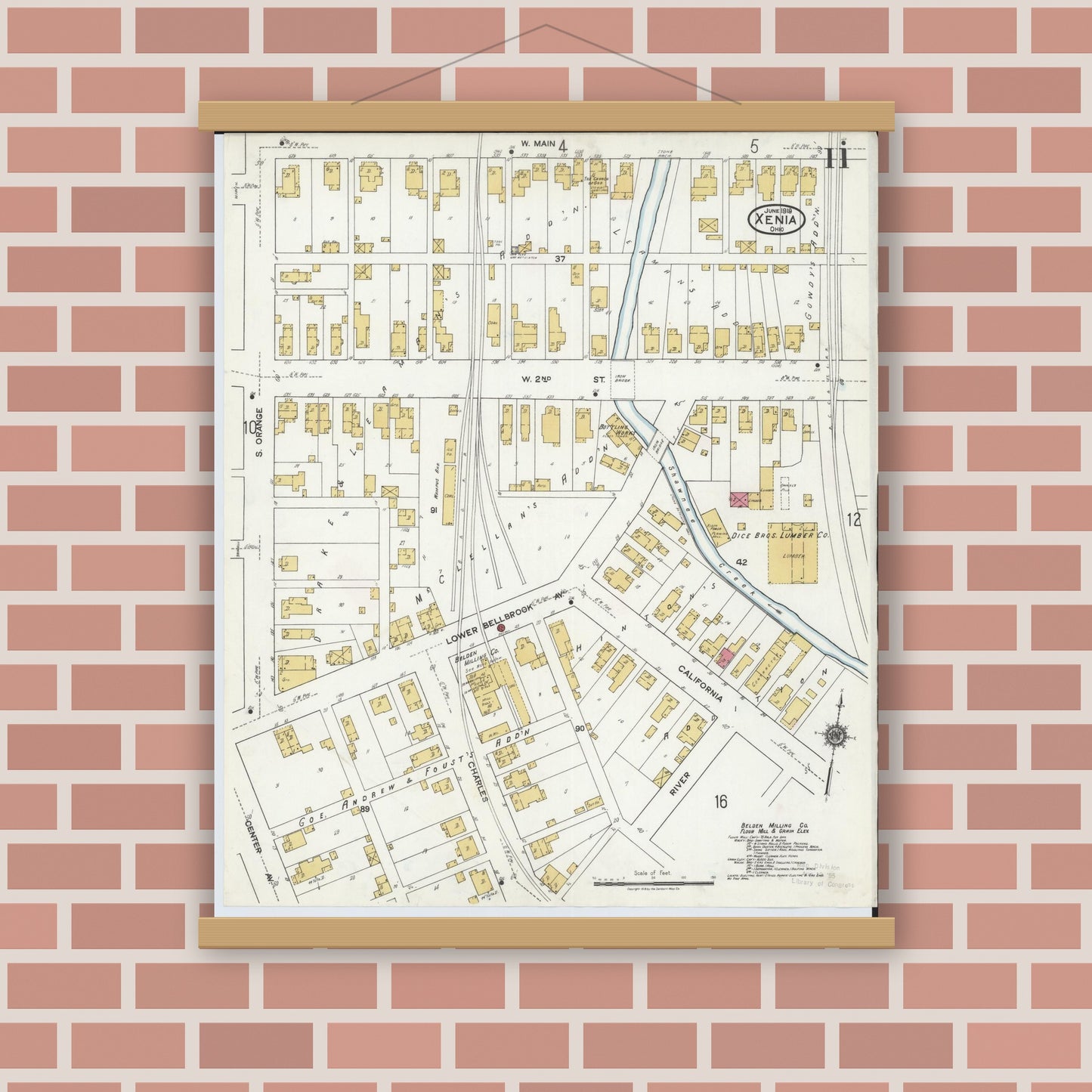 Old map wall art mockup — magnetic wood frame on brick wall — Sanborn Fire Insurance Map from Xenia, Greene County, Ohio (1919), Sheet #0011