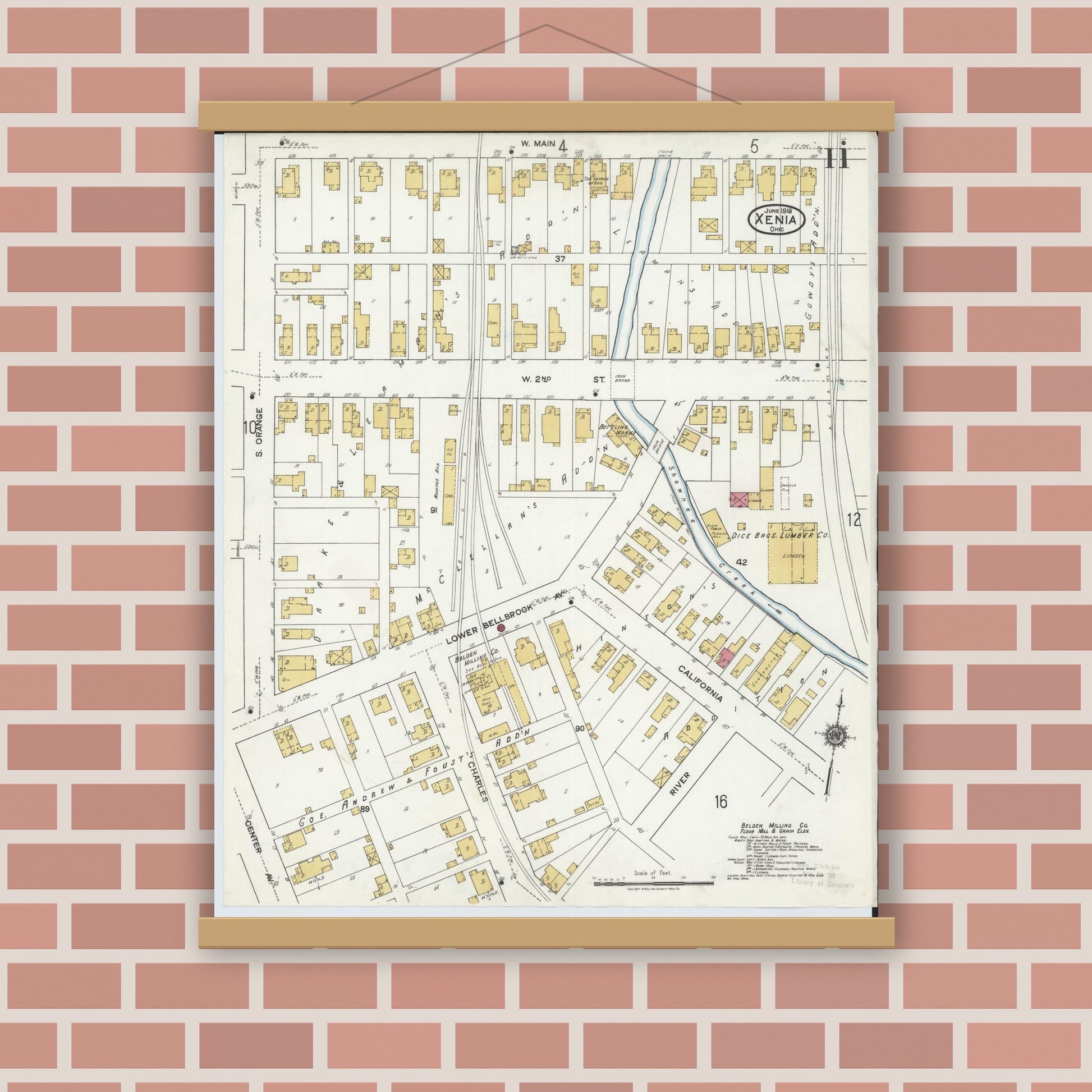 Old map wall art mockup — magnetic wood frame on brick wall — Sanborn Fire Insurance Map from Xenia, Greene County, Ohio (1919), Sheet #0011