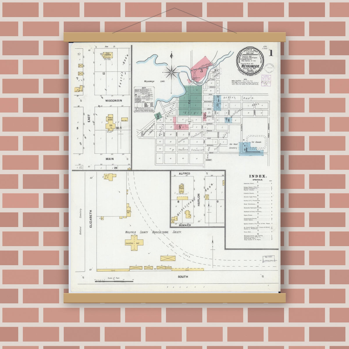 Old map wall art mockup — magnetic wood frame on brick wall — Sanborn Fire Insurance Map from Weyauwega, Waupaca County, Wisconsin (1901), Sheet #0001