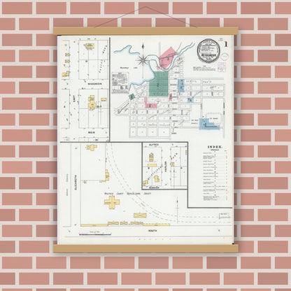 Old map wall art mockup — magnetic wood frame on brick wall — Sanborn Fire Insurance Map from Weyauwega, Waupaca County, Wisconsin (1901), Sheet #0001