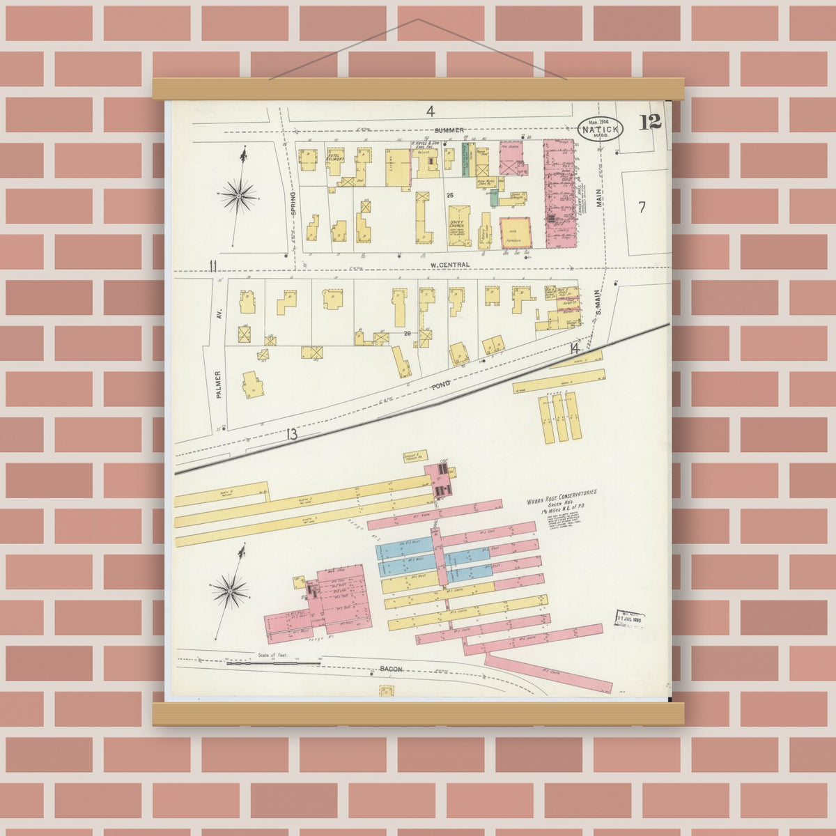 Old map wall art mockup — magnetic wood frame on brick wall — Sanborn Fire Insurance Map from Natick, Middlesex County, Massachusetts (1904), Sheet #0012