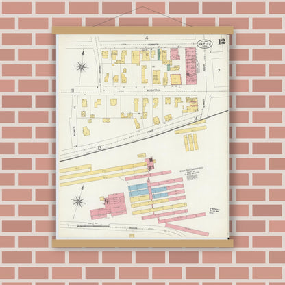 Old map wall art mockup — magnetic wood frame on brick wall — Sanborn Fire Insurance Map from Natick, Middlesex County, Massachusetts (1904), Sheet #0012
