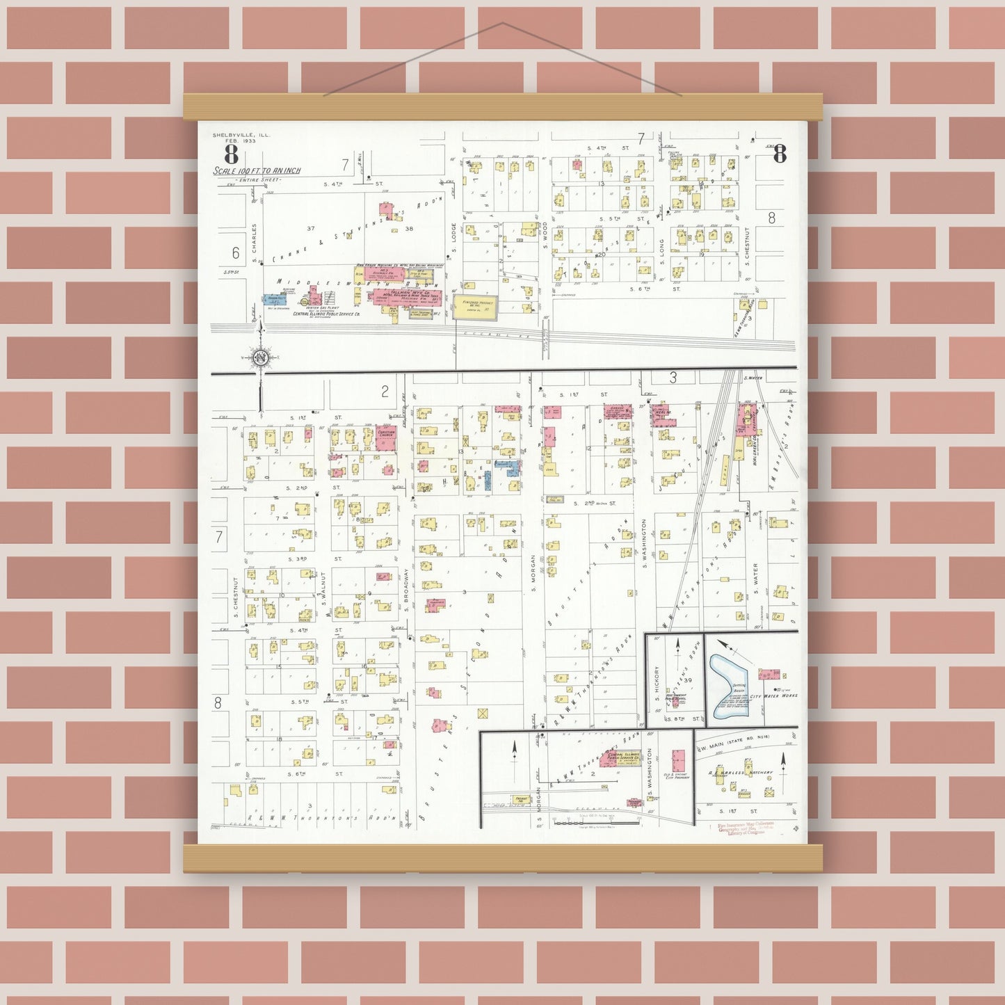 Old map wall art mockup — magnetic wood frame on brick wall — Sanborn Fire Insurance Map from Shelbyville, Shelby County, Illinois (1933), Sheet #0008