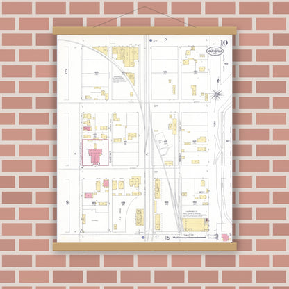 Old map wall art mockup — magnetic wood frame on brick wall — Sanborn Fire Insurance Map from Marysville, Yuba County, California (1909), Sheet #0010