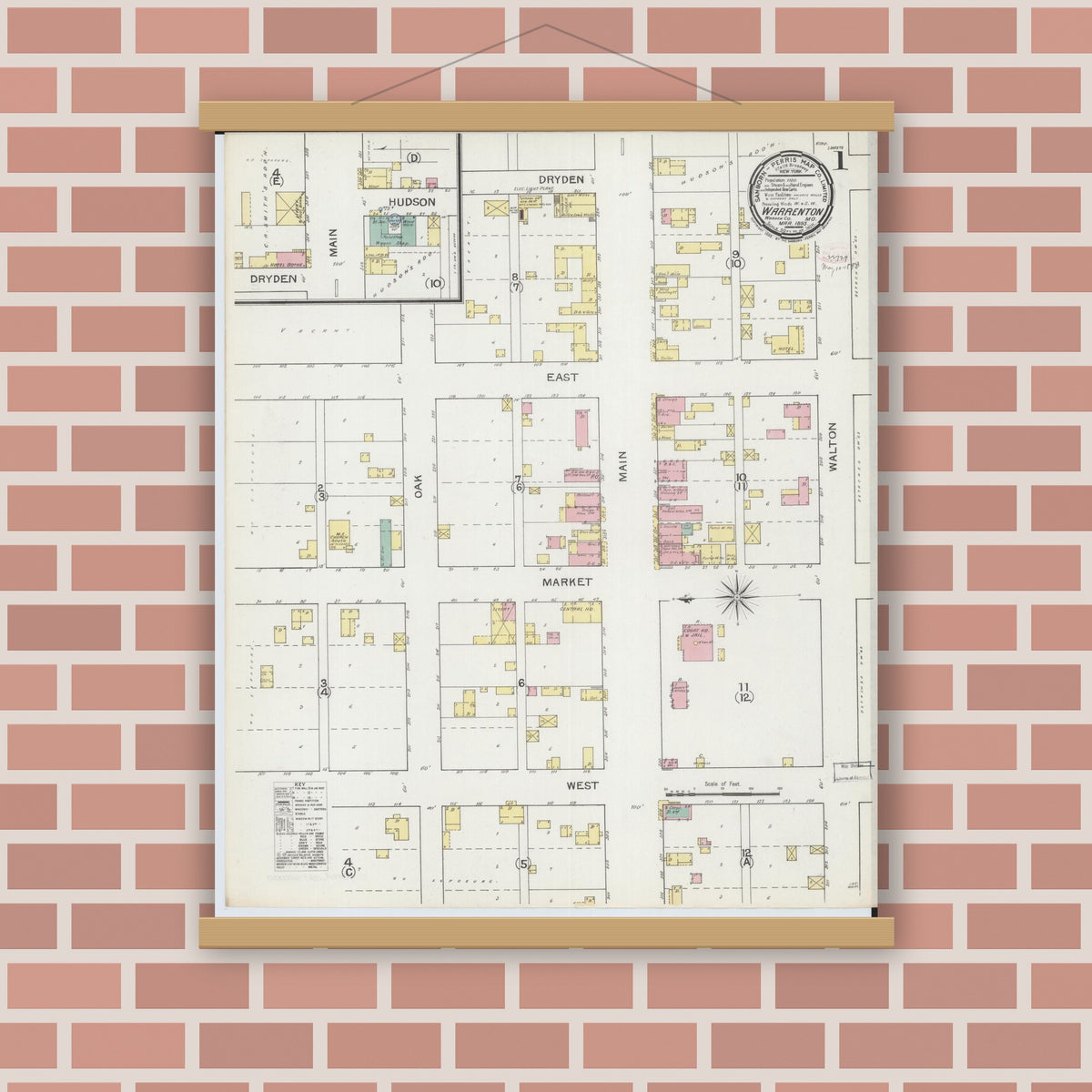 Old map wall art mockup — magnetic wood frame on brick wall — Sanborn Fire Insurance Map from Warrenton, Warren County, Missouri (1893) - Complete Map Set