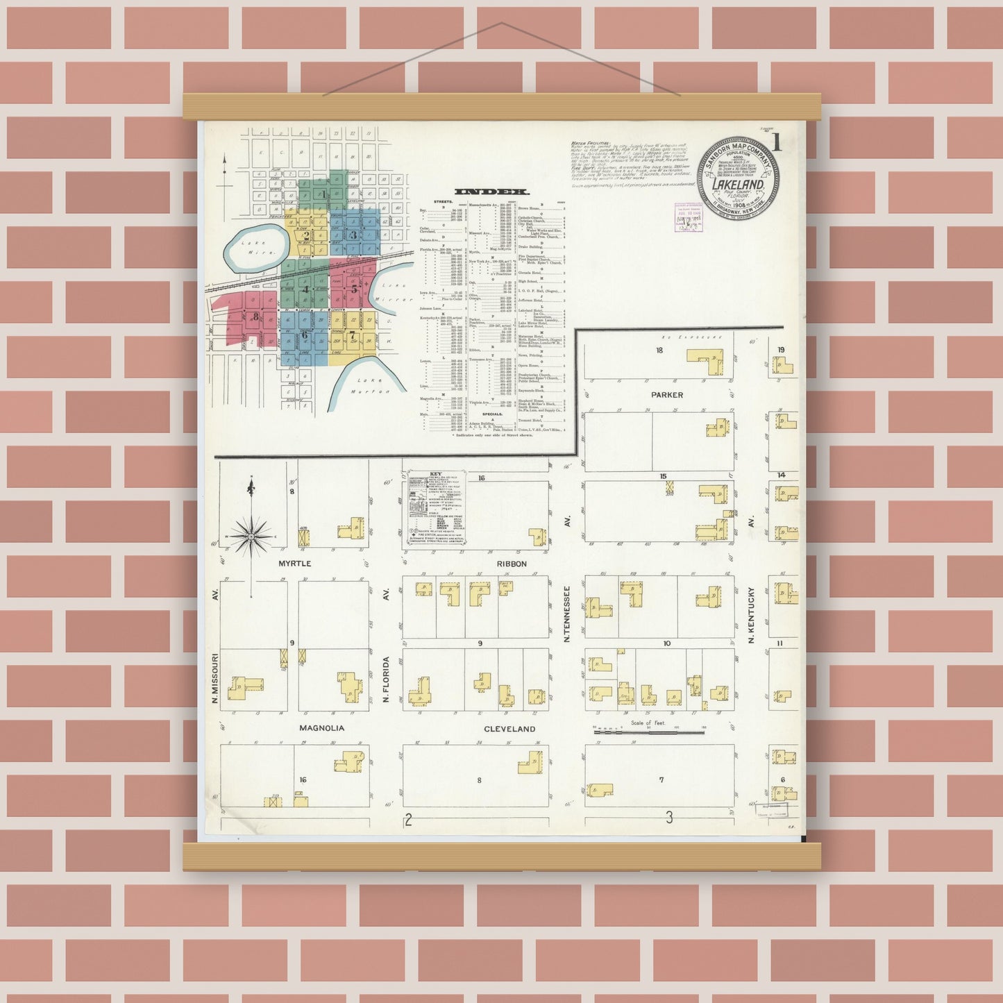 Old map wall art mockup — magnetic wood frame on brick wall — Sanborn Fire Insurance Map from Lakeland, Polk County, Florida (1908), Sheet #0001