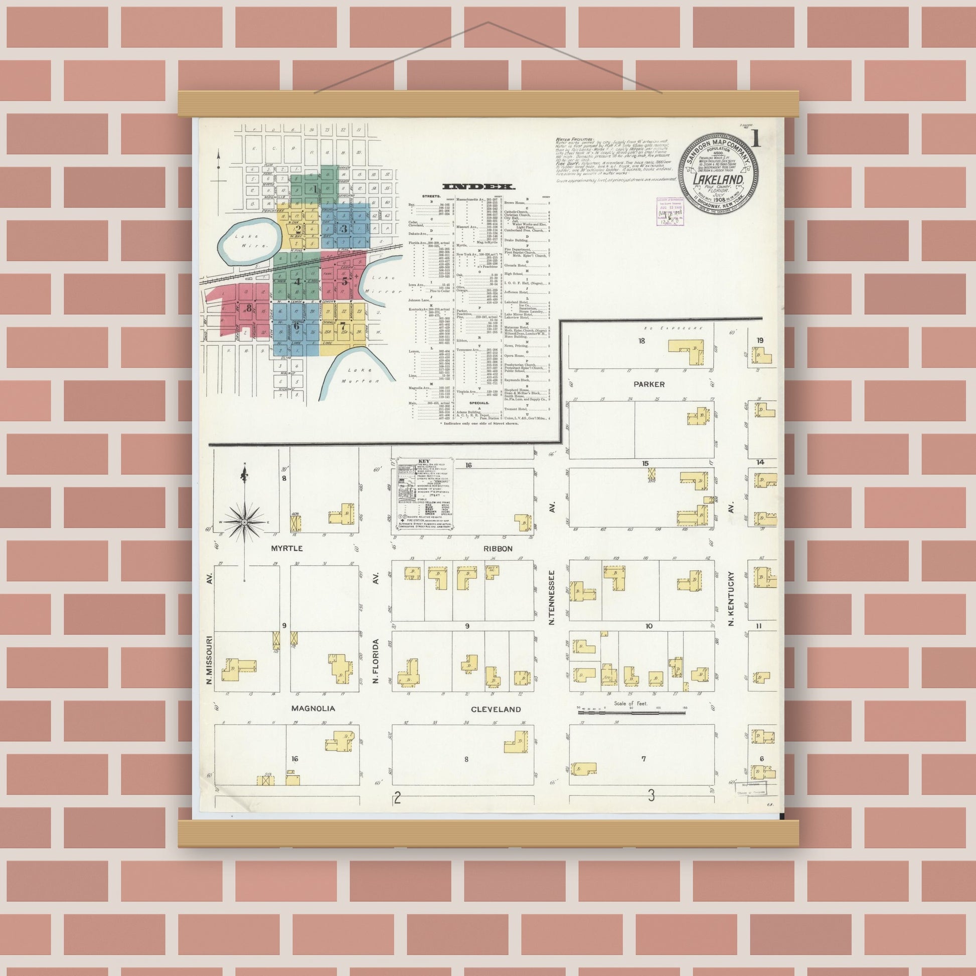 Old map wall art mockup — magnetic wood frame on brick wall — Sanborn Fire Insurance Map from Lakeland, Polk County, Florida (1908), Sheet #0001