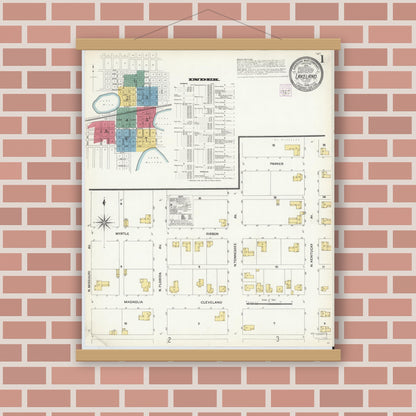 Old map wall art mockup — magnetic wood frame on brick wall — Sanborn Fire Insurance Map from Lakeland, Polk County, Florida (1908), Sheet #0001