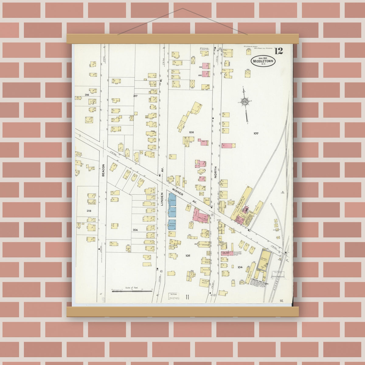 Old map wall art mockup — magnetic wood frame on brick wall — Sanborn Fire Insurance Map from Middletown, Orange County, New York (1910), Sheet #0012