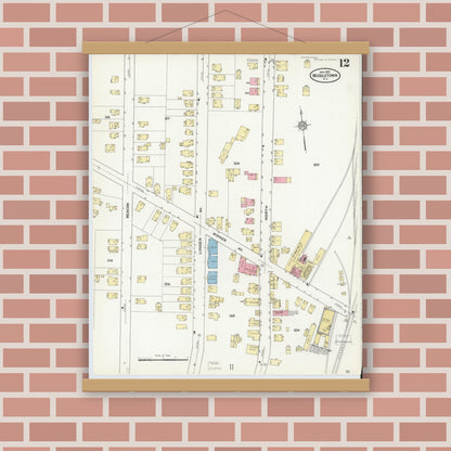 Old map wall art mockup — magnetic wood frame on brick wall — Sanborn Fire Insurance Map from Middletown, Orange County, New York (1910), Sheet #0012